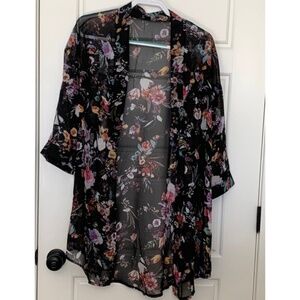 Black Multicolored Floral Print Coverup Duster Cardigan